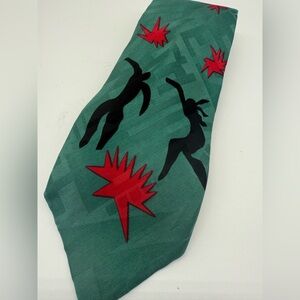 Vintage Claude Montana Silk Tie with Black Silhouettes and Red Accents